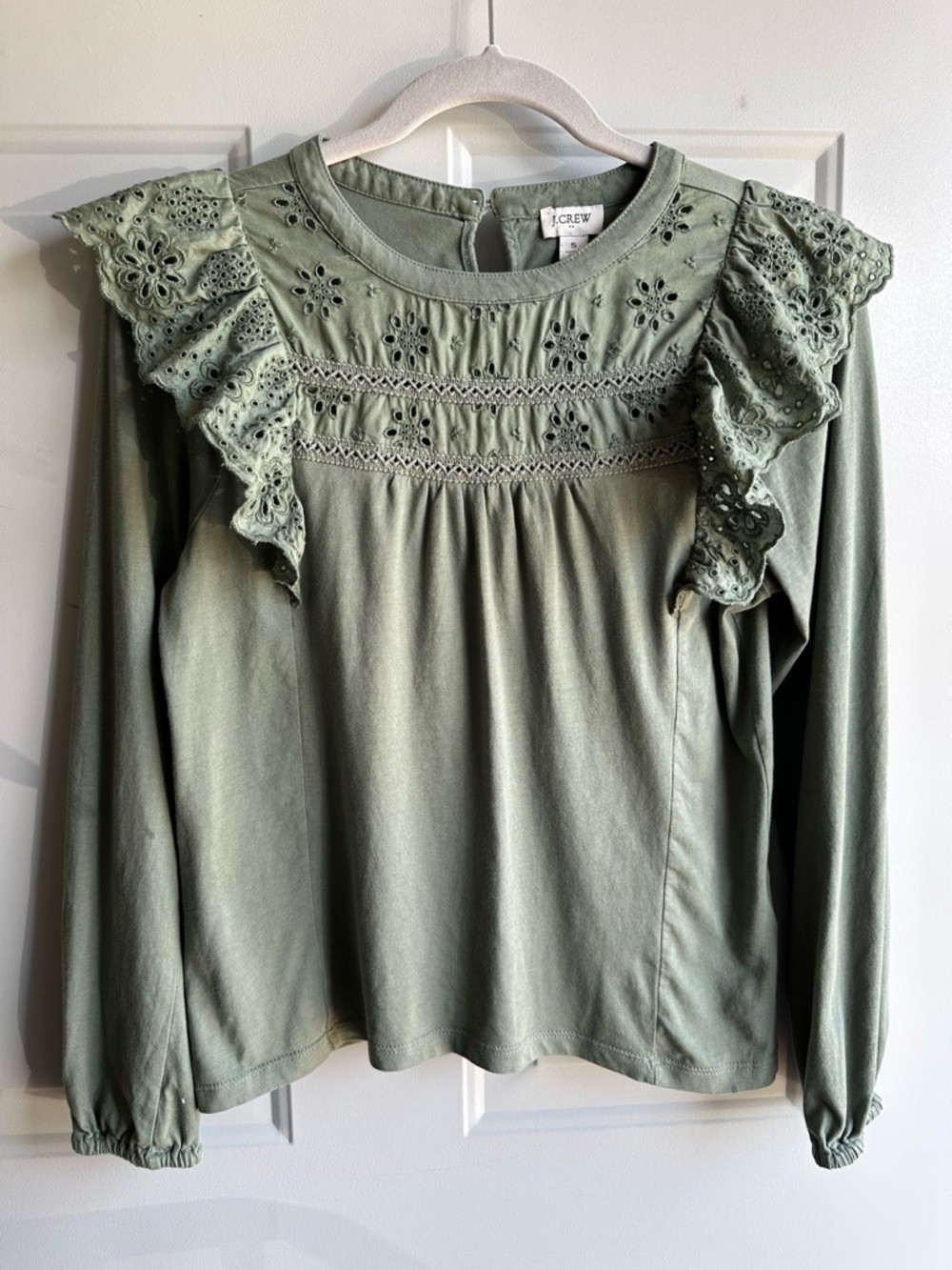 J. Crew Sage Green Eyelet Lace Yoke Top Long Sleeve